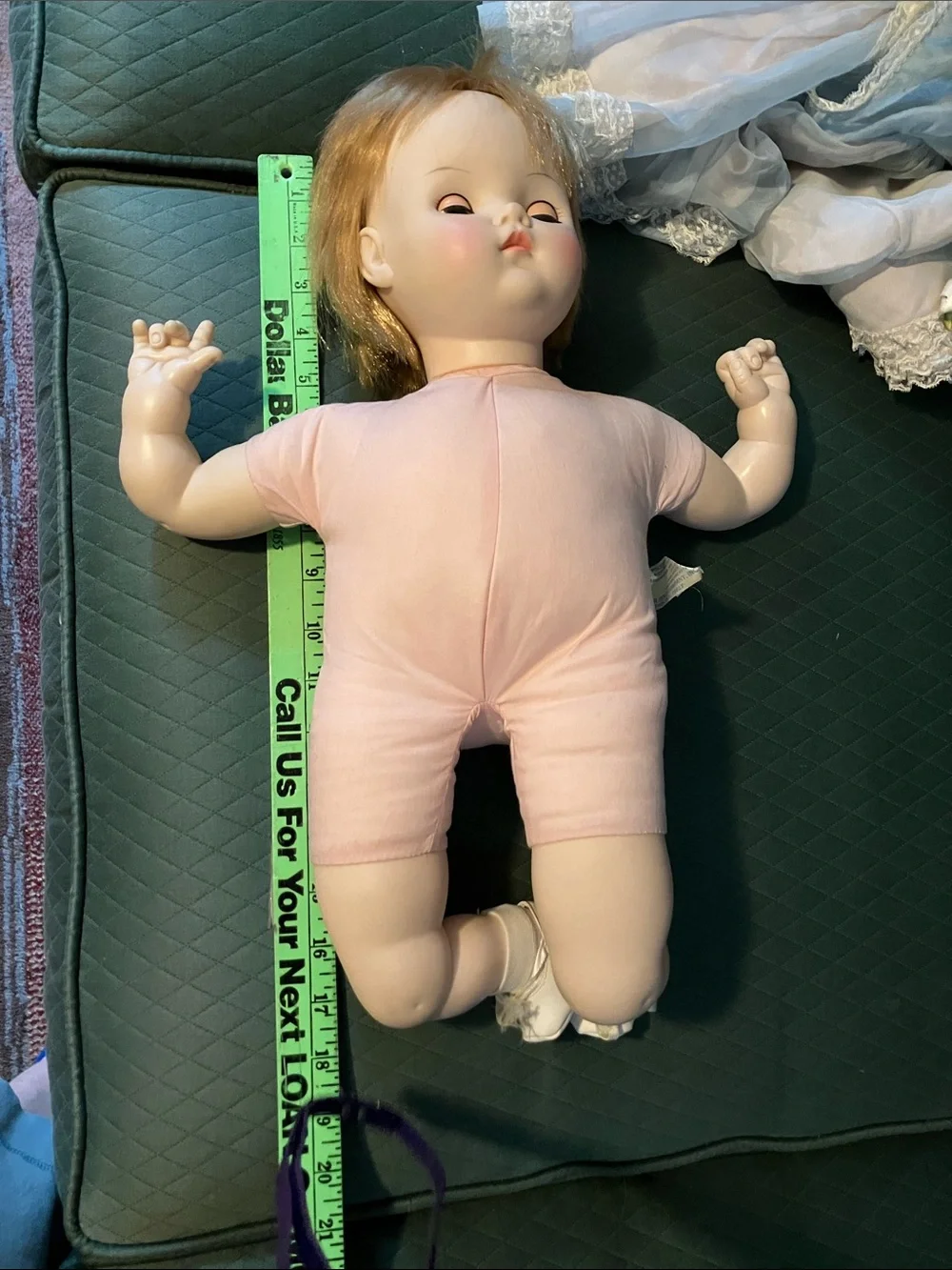 Vintage large Baby Doll in Pale Blue Dress with Bonnet 1973